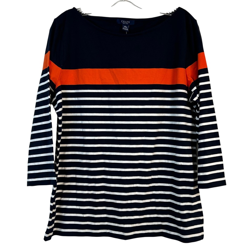Chaps Womens XL Navy Blue Orange Striped Boat Neck 3/4 Sleeve Cotton Top NWT
